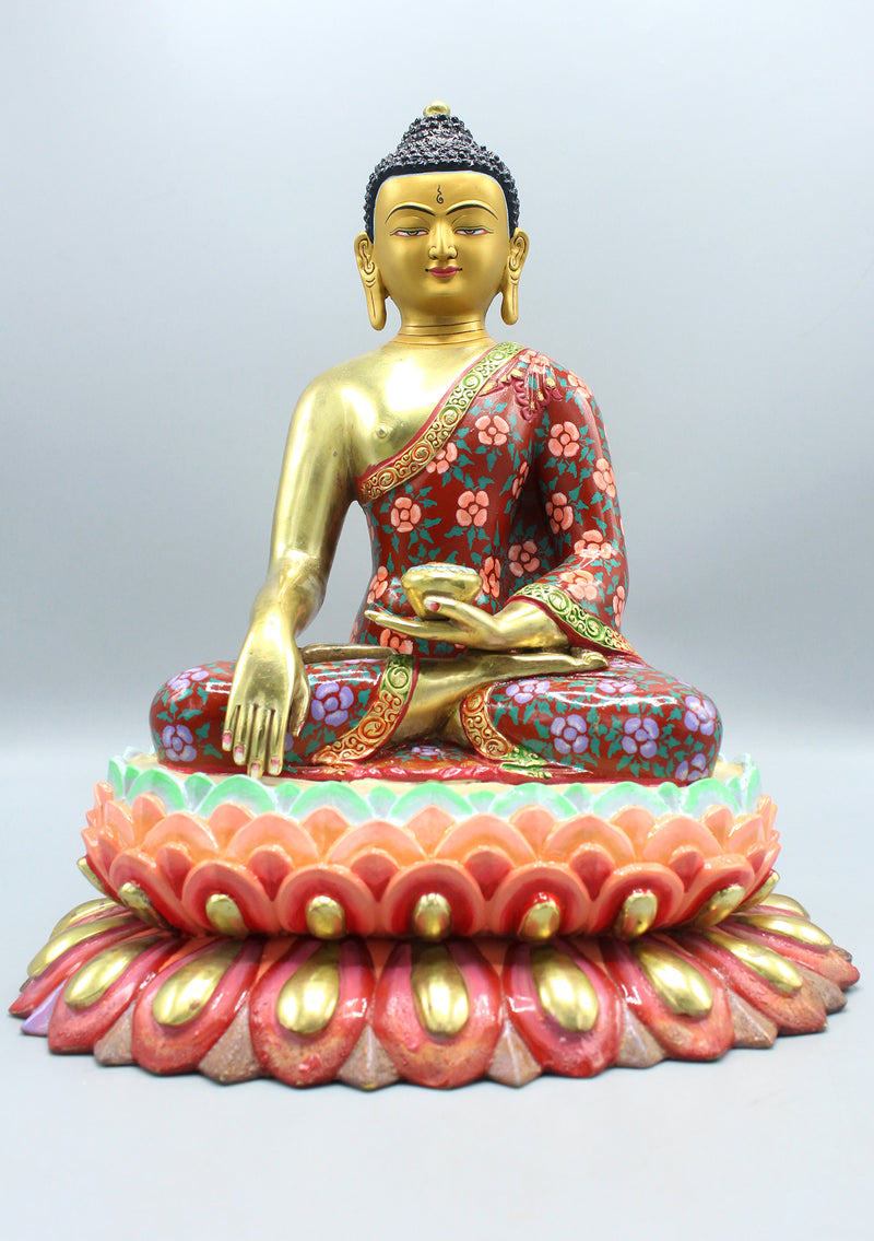 Artistically Painted Gold Plated Shakyamuni Buddha Statue with Floral Design