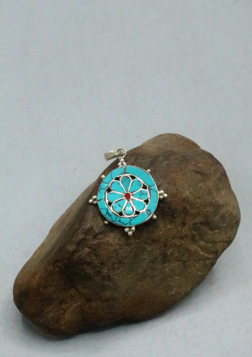 Dharma Chakra Turquoise Inlaid Silver Sterling Pendant
