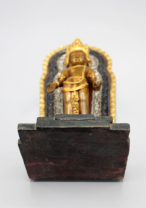 Gold Plated Copper Oxidized Lokeshwor Statue on Wooden Frame and Base