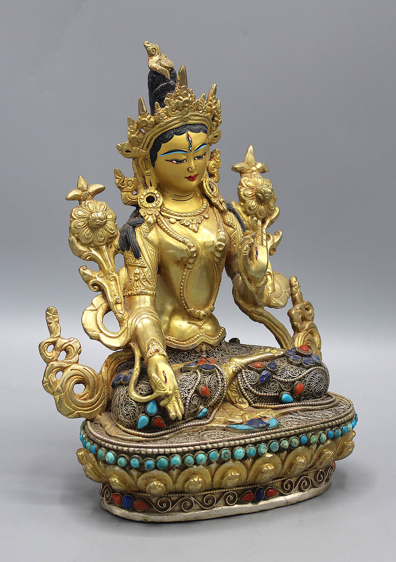 Gold Plated Eternal White Tara Statue with Silver Filigree and Turquoise