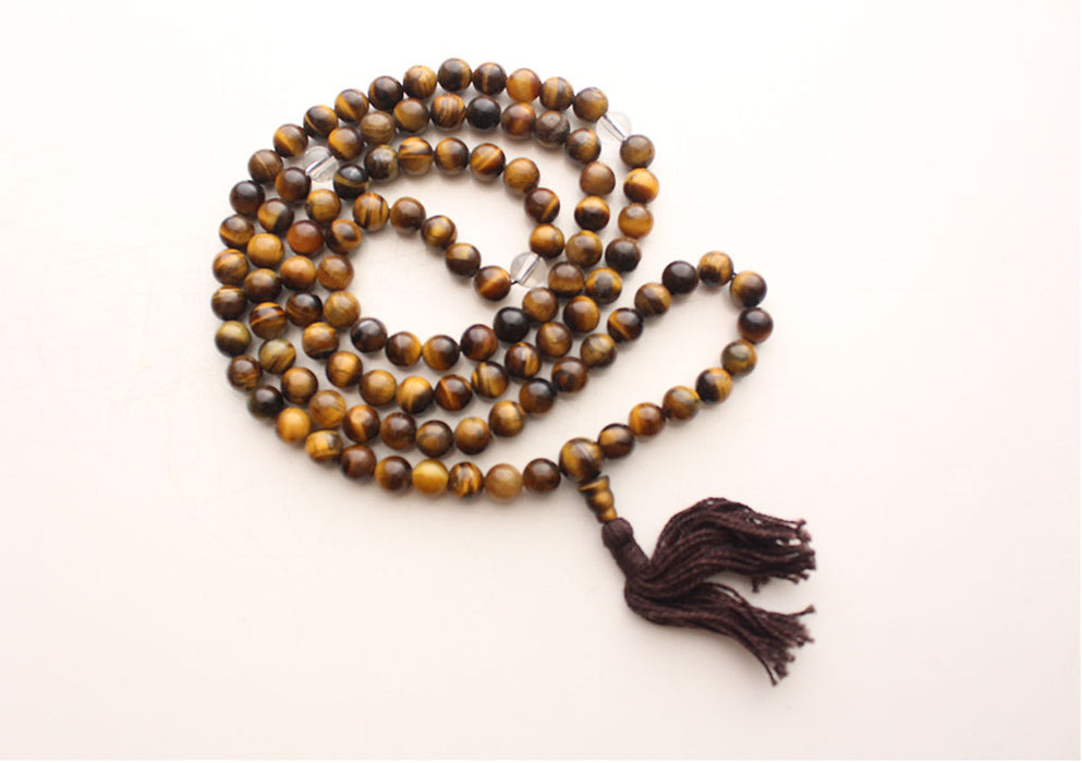 Glossy Tigers Eye Stone Buddhist 108 Prayer Beads Necklace with Spacer - nepacrafts