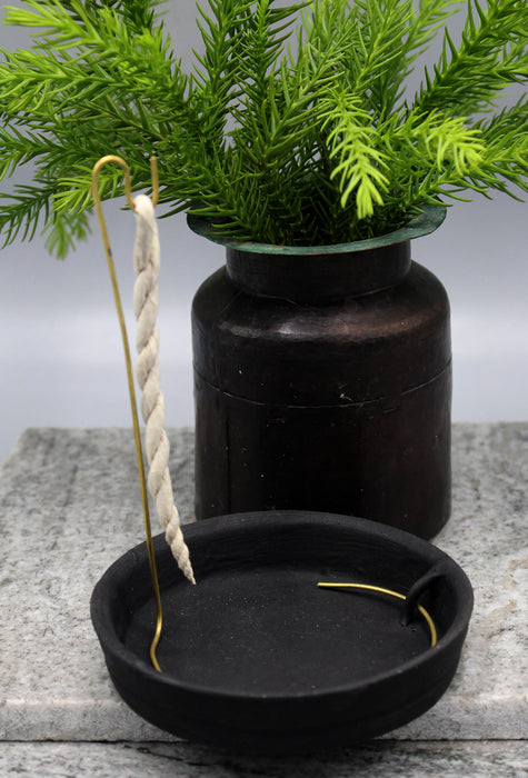 Black Ceramic Base Plate and Brass Stand for Rope Incense