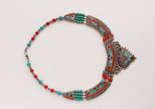 Inlaid Tibetan White Metal Necklace - nepacrafts