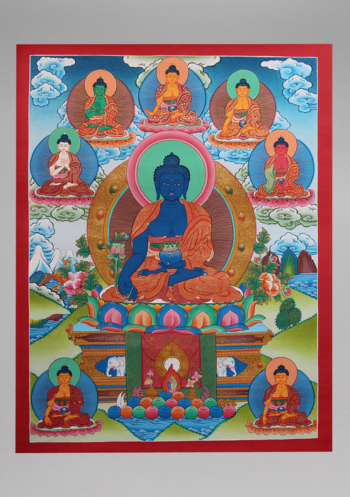 Medicine Buddha with Five Dhyani Buddha Thangka Art