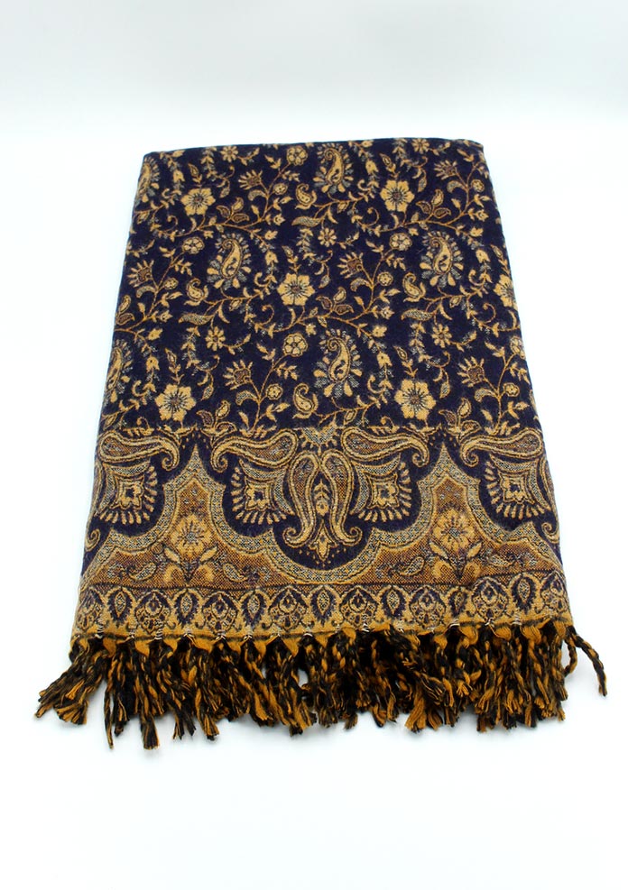 Hand Loomed Dark Blue Flower Pattern Print Yak Wool Shawl