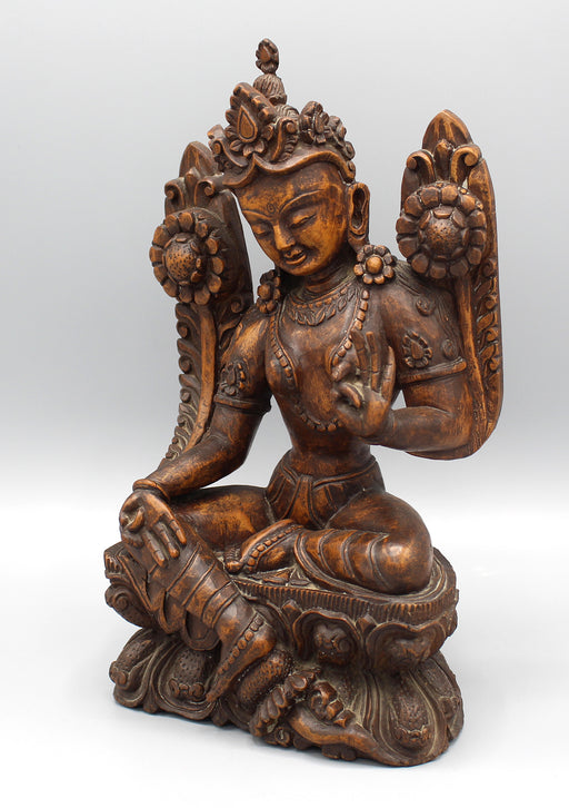 Green Tara Wooden Carving Statue - nepacrafts