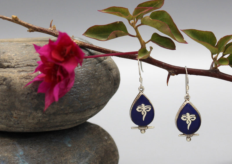 Buddha's Eyes Lapis Sterling Silver Drop Earrings - nepacrafts