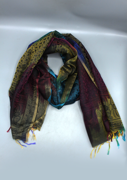 Silk Mixed Polyester Dark Multi Color Shawls with Furka