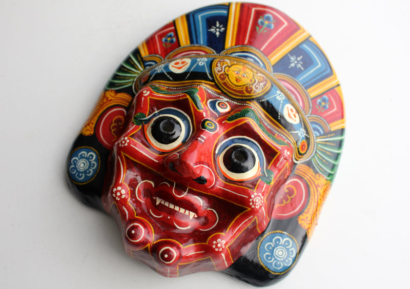 Red Mahakala Paper Mache Wall Hanging Mask - nepacrafts