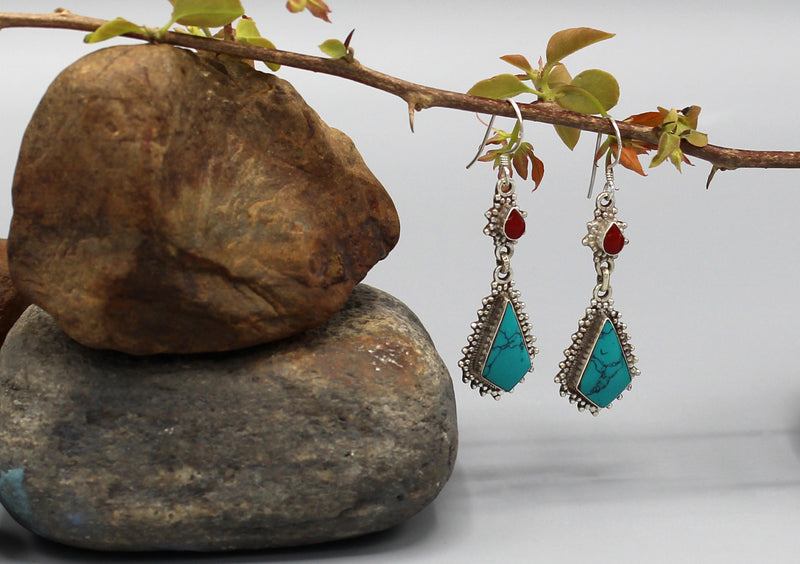 Turquoise and Coral Inlaid Dangle Sterling Silver Earrings - nepacrafts