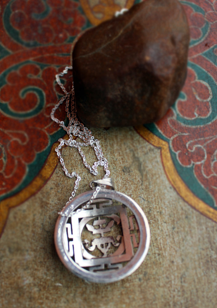 Silver Sterling Auspicious Symbol Parasol Pendant - nepacrafts