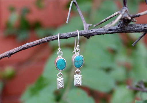Turquoise Inlaid Round Silver Drop Earrings - nepacrafts