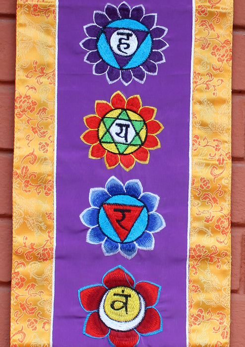 Seven Chakra Embroidered Purple Polyester Wall Hanging Banner - nepacrafts