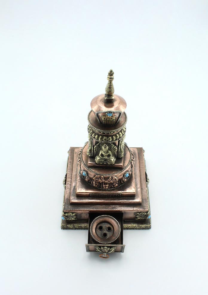 Copper Dhyani Buddhas Stupa Chorten with KalaChakra Symbol Incense Burner 9" High