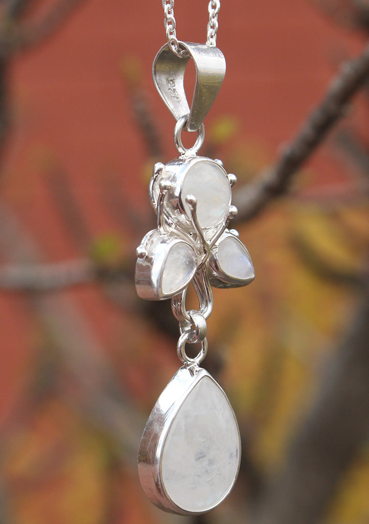 Flower Drop Rainbow Moonstone Sterling Silver Pendant - nepacrafts