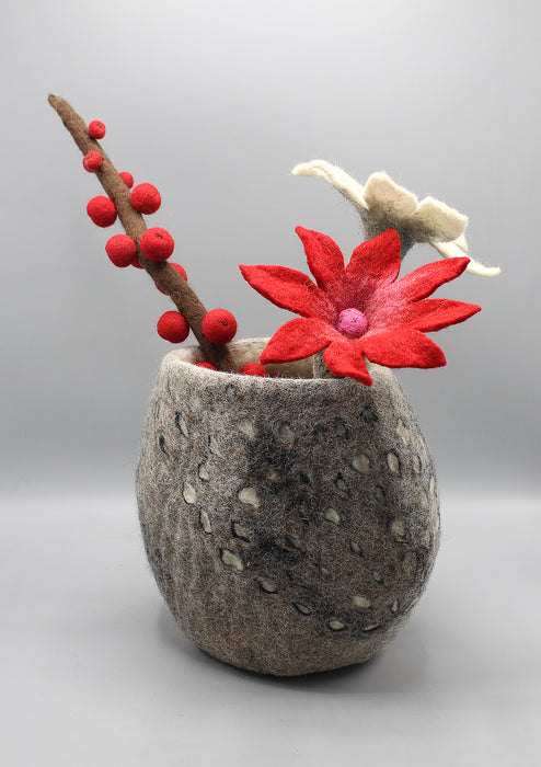 Grey Felt Flower Vase and Three Colorful Flowers
