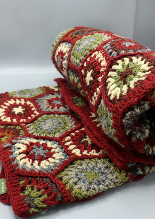 Beautifully Hand Crocheted Red and Gray Multi Color Woolen Blanket