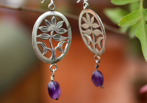 Silver Sterling Lotus Flower with Amethyst Drop Earrings - nepacrafts