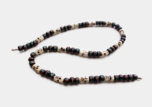 Black Bone Turquoise and Coral Inlaid Mala with Skull Counter - nepacrafts