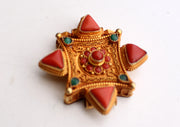 Gold Plated Silver Sterling Double Dorjee Tibetan Ghau Pendant with Coral Stone - nepacrafts