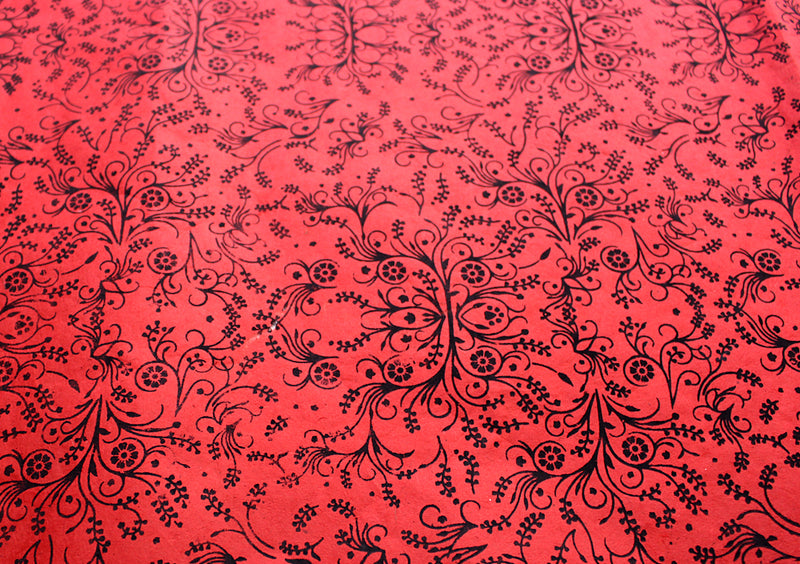 Black Flower & Leaf Printed Red Handmade Gift Wrapping Lokta Paper Sheets - nepacrafts