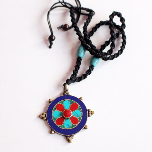 Tibetan White Metal Flower Inlaid Pendant - nepacrafts