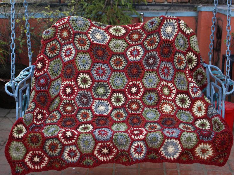Beautifully Hand Crocheted Red and Gray Multi Color Woolen Blanket