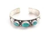 Turquoise Inlaid Filigree Pattern Tibetan White Metal Bracelet - nepacrafts