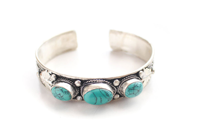 Turquoise Inlaid Filigree Pattern Tibetan White Metal Bracelet - nepacrafts