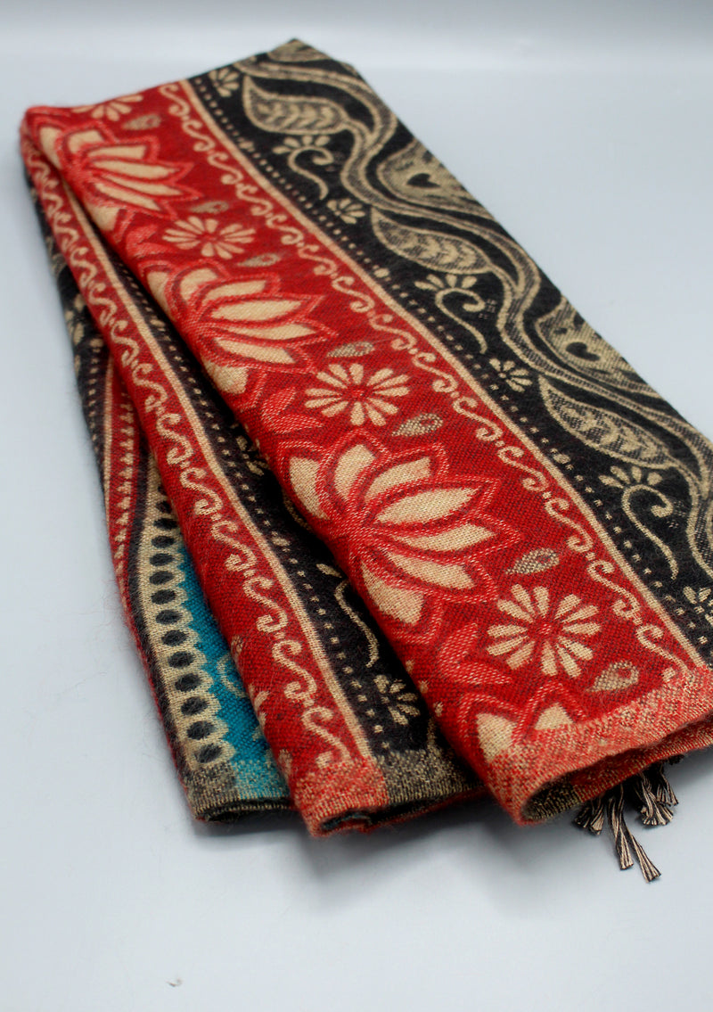 Red Lotus Design Black and Turquoise Yak Wool Shawl