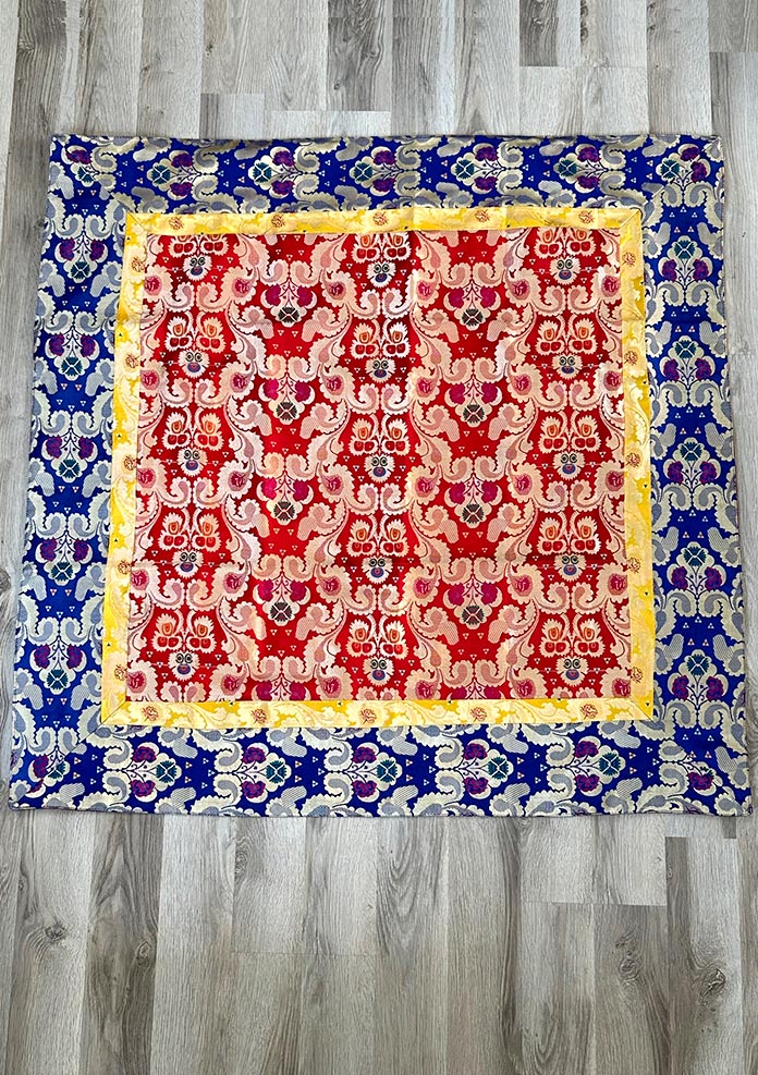 Red Floral Designed Buddhist Altar Cloth with Blue Borders