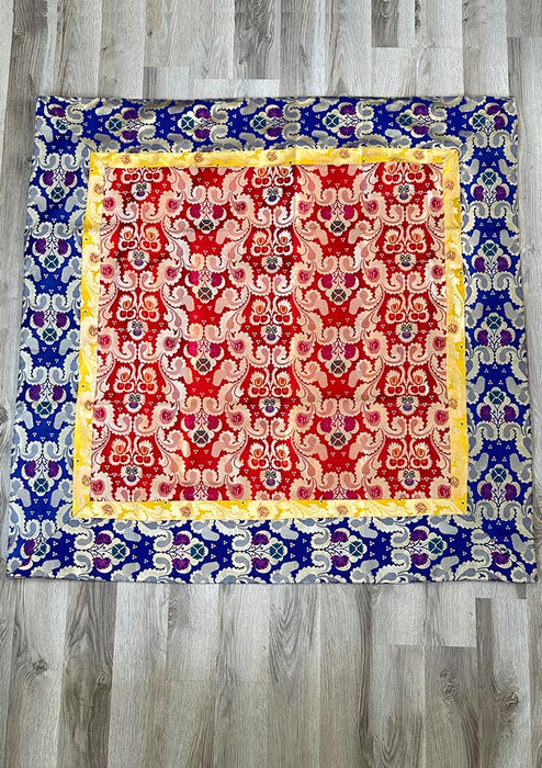 Red Floral Designed Buddhist Altar Cloth with Blue Borders