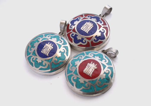 Tibetan Kalachakra and Mandala Painted White Metal Pendant - nepacrafts