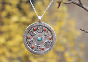 Coral and Turquoise Inlaid Om Mani Sterling Silver Pendant - nepacrafts