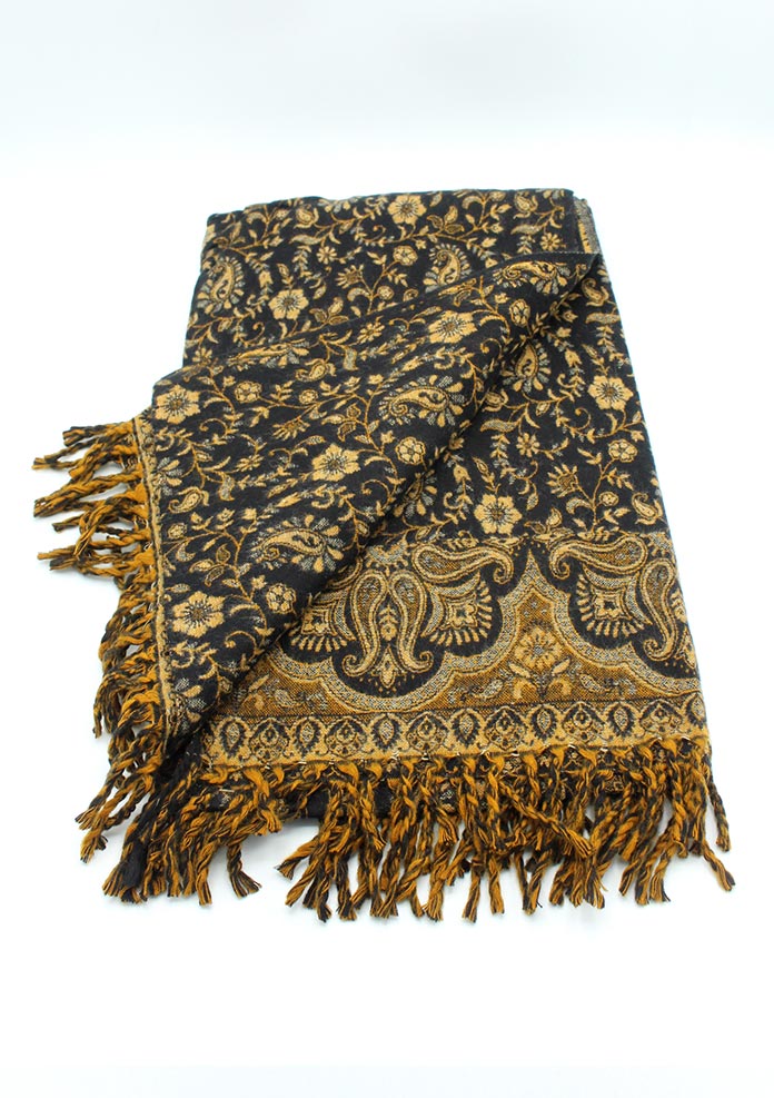 Hand Loomed Black Flower Pattern Print Yak Wool Shawl