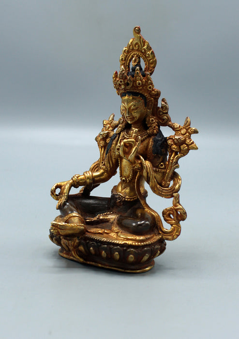 Partly Gold Plated Beautiful Copper Green Tara Statue 6"