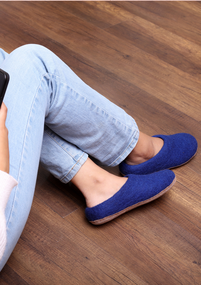 Handmade Steel Blue Classic Felt Slippers