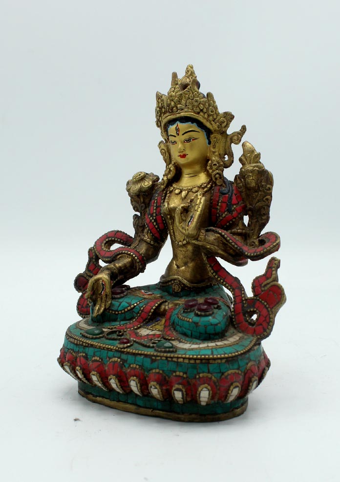 Antique White Tara Statue with Inlaid Turquoise 6 Inches