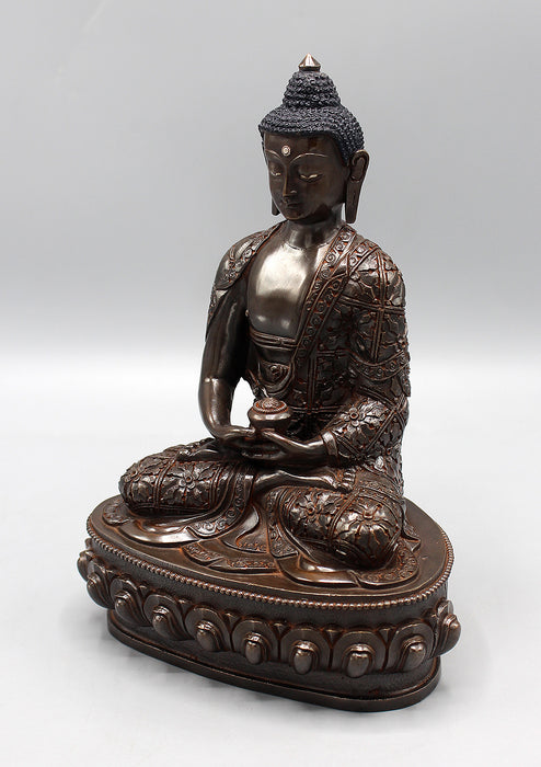 Amitabha Buddha Copper Oxidized Statue Fully Carved Floral Motifs