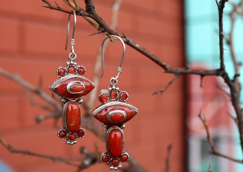 Unique Coral Inlaid Silver Sterling Earrings - nepacrafts