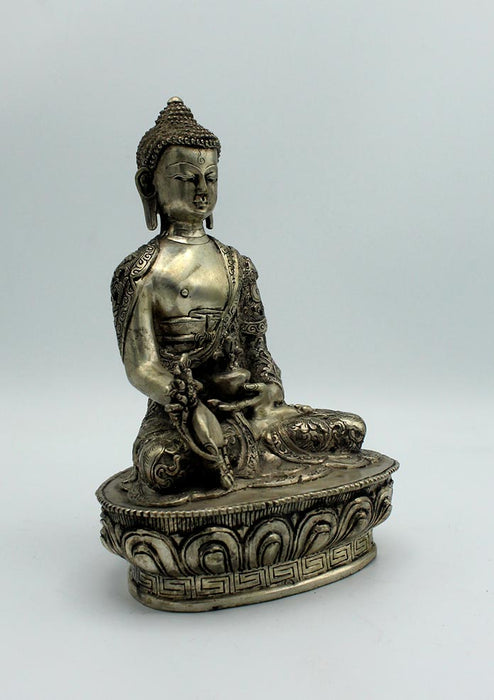 White Metal Floral Motif Carved Medicine Buddha Statue 8 Inches