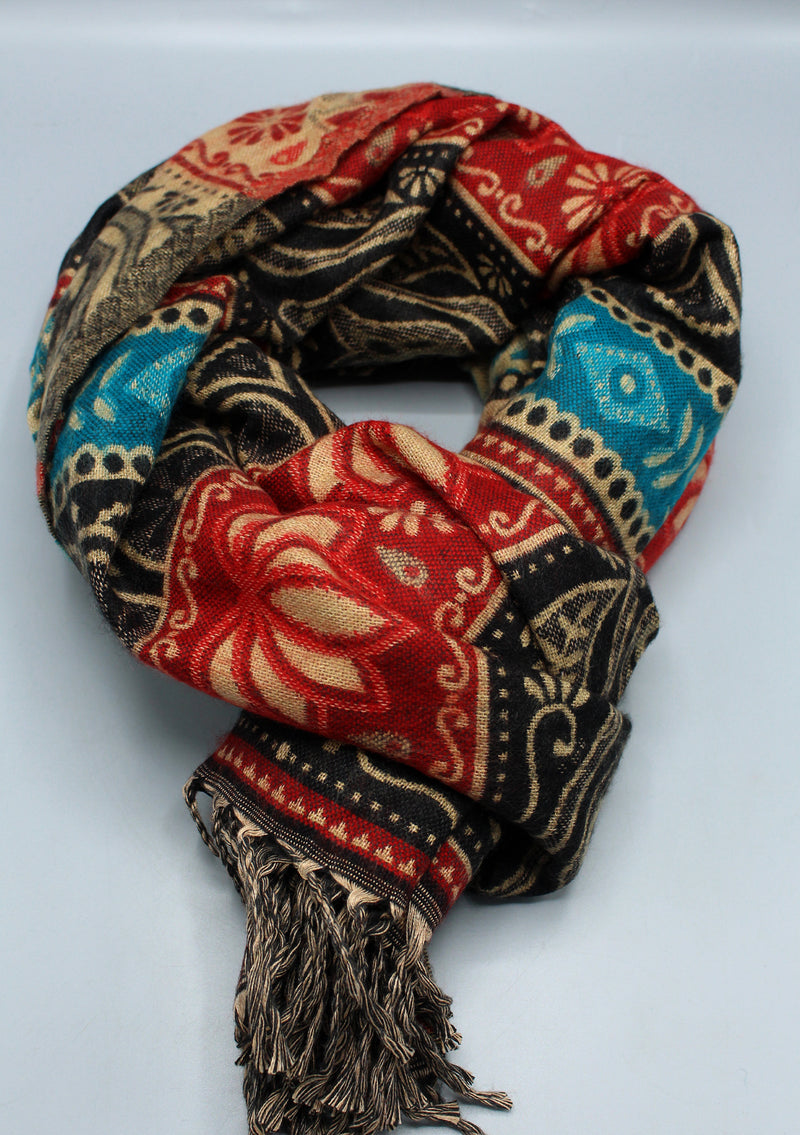 Red Lotus Design Black and Turquoise Yak Wool Shawl