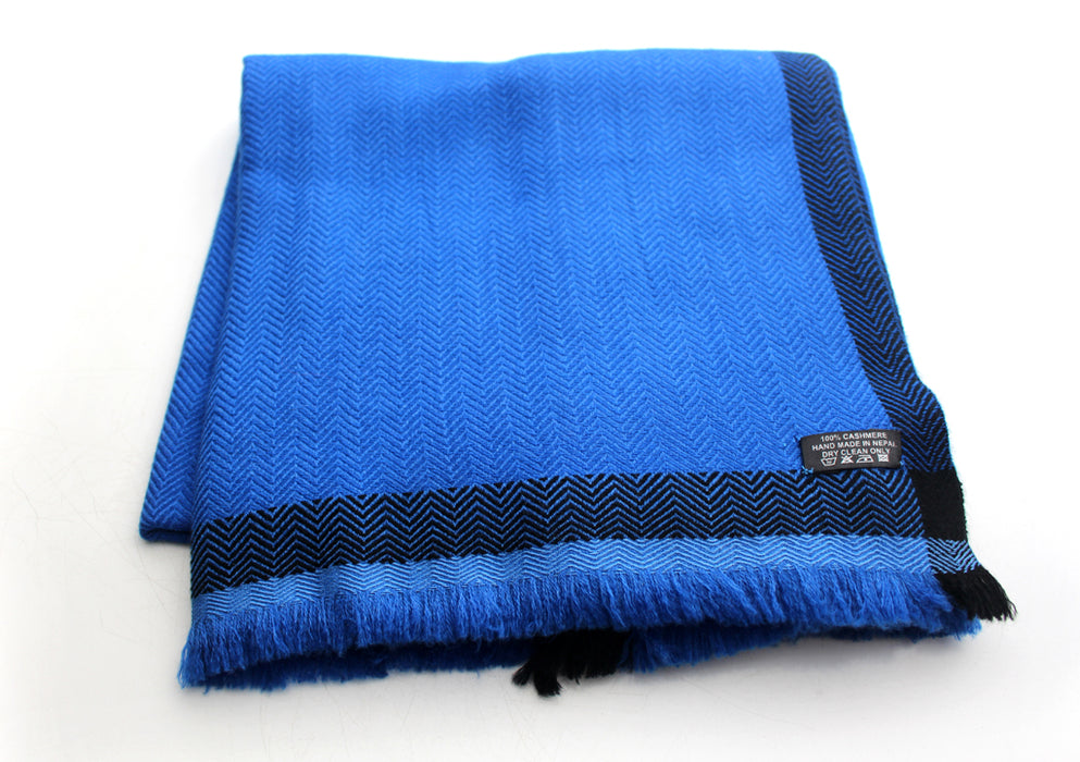 Luxurious Blue 100 % Exclusive Cashmere Shawl with Border Herringbone Pattern - nepacrafts