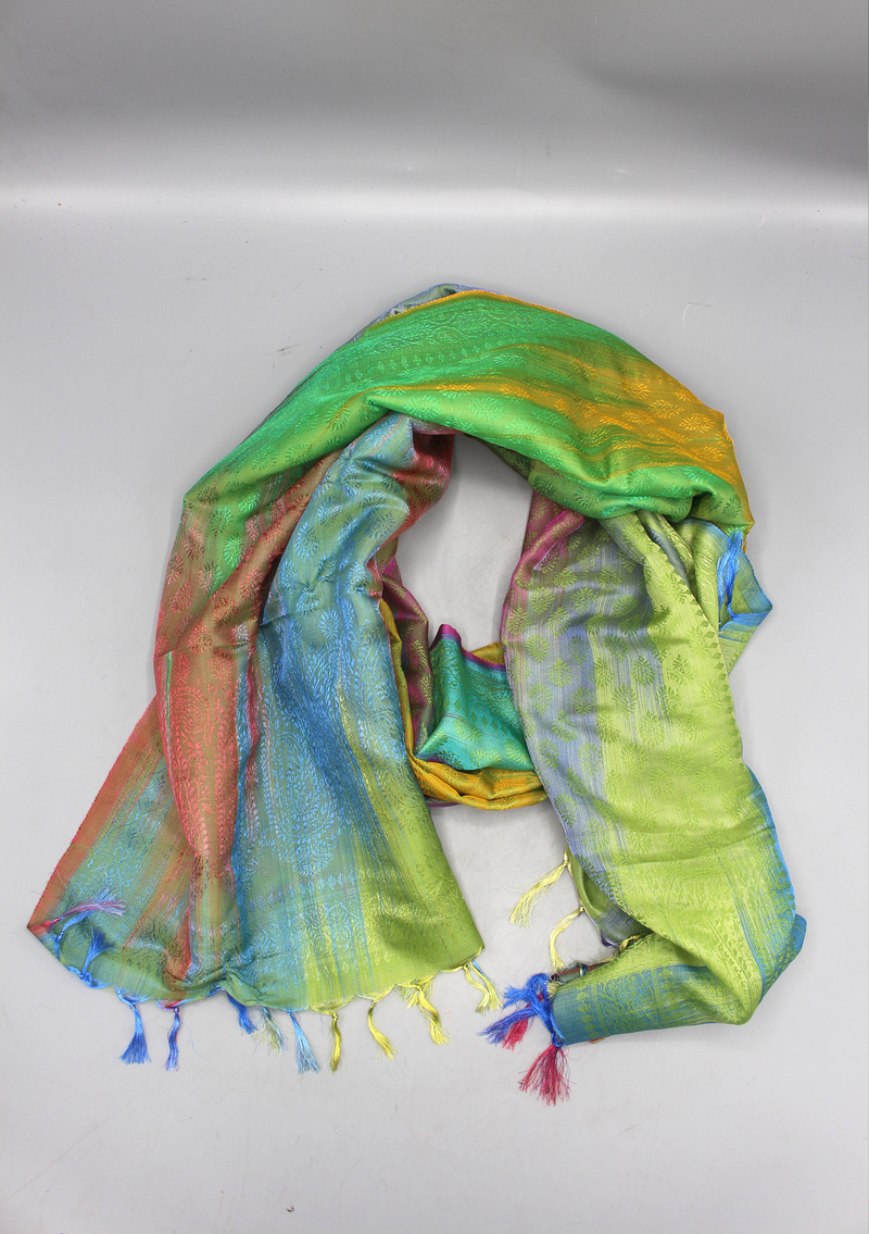 Silk Mixed Polyester Green Mixed Multi Color Shawls with Furka