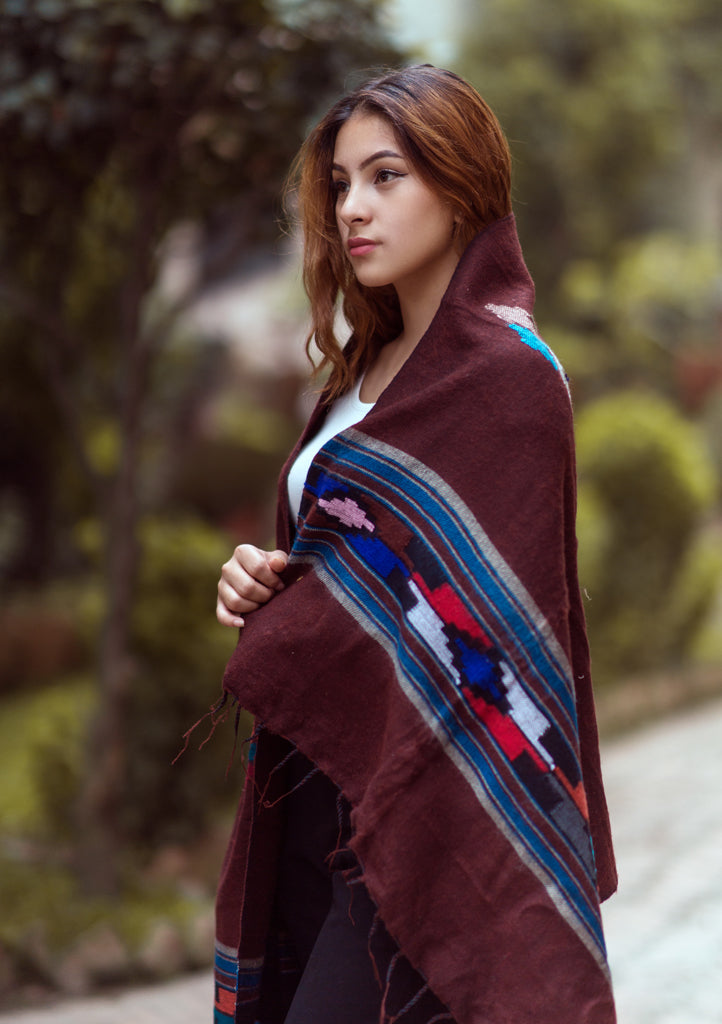 Maroon Yak Wool Shawl with Buttefly Pattern Handloomed in Nepal - nepacrafts