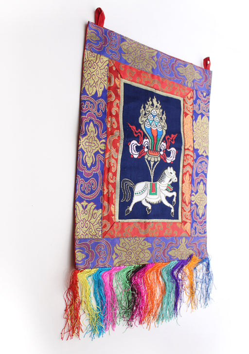 Tibetan Windhorse Silk Brocade Wall Hanging Banner with Colorful Tassel - nepacrafts