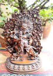 Skillfully Handcarved Mahakala Statue with Flames 8" High - nepacrafts