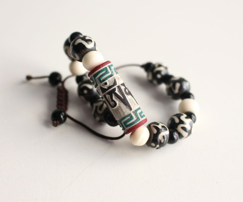 Om Etched Bone Bracelet with Om Mani Stone Charm - nepacrafts
