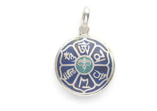 Buddha Eyes and Om Mani Mantra Inlaid White Metal Pendant - nepacrafts