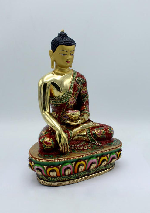 Intricately Hand Carved and Painted Gold Plated Shakyamuni Buddha Statue 11 Inch